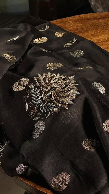 Black & Grey Banarasi Zari Chanderi Unstitched Chikankari Fabric