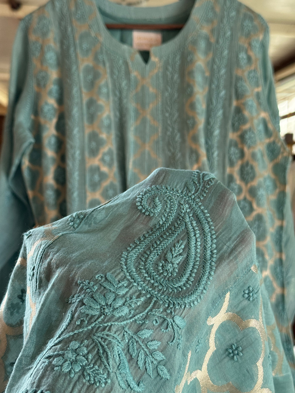 Sea Green Zari Chanderi Chikankari A Line Kurta with Slip