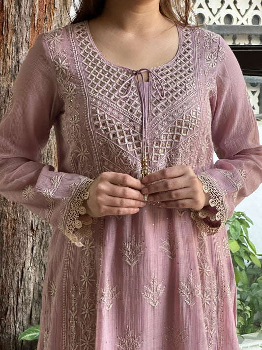 Lavender Malmal Mukaish Kamdani Chikankari Stitched Kurta Dupatta Set