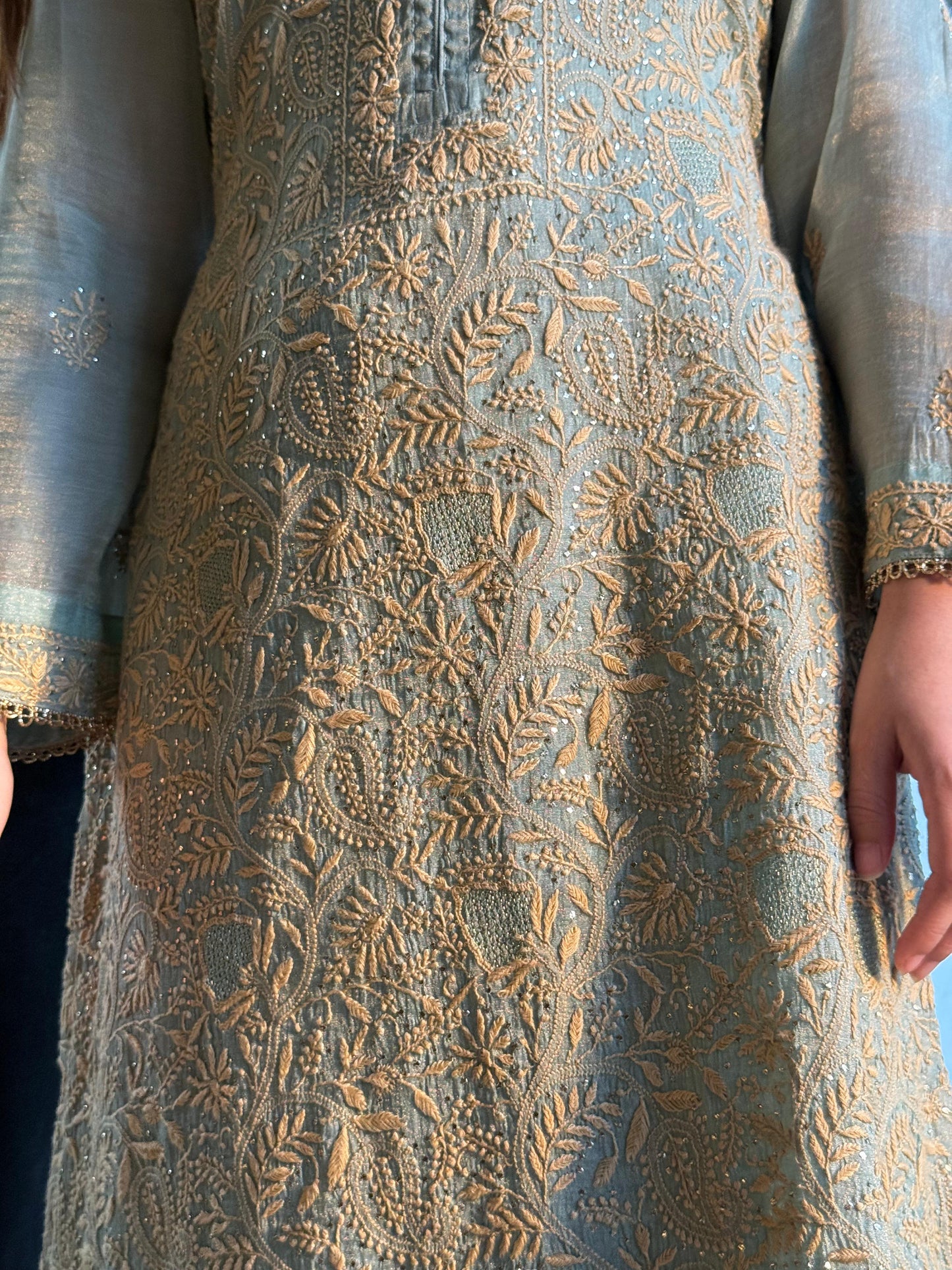 Cement Shade Tissue Silk Chikankari Straight Cut Kurta Dupatta Set
