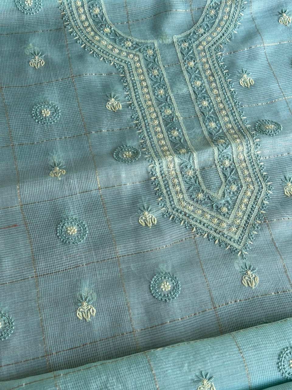 Aqua Green Shade Tissue Zari Kota Chikankari Unstitched Fabric