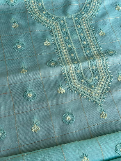 Aqua Green Shade Tissue Zari Kota Chikankari Unstitched Fabric