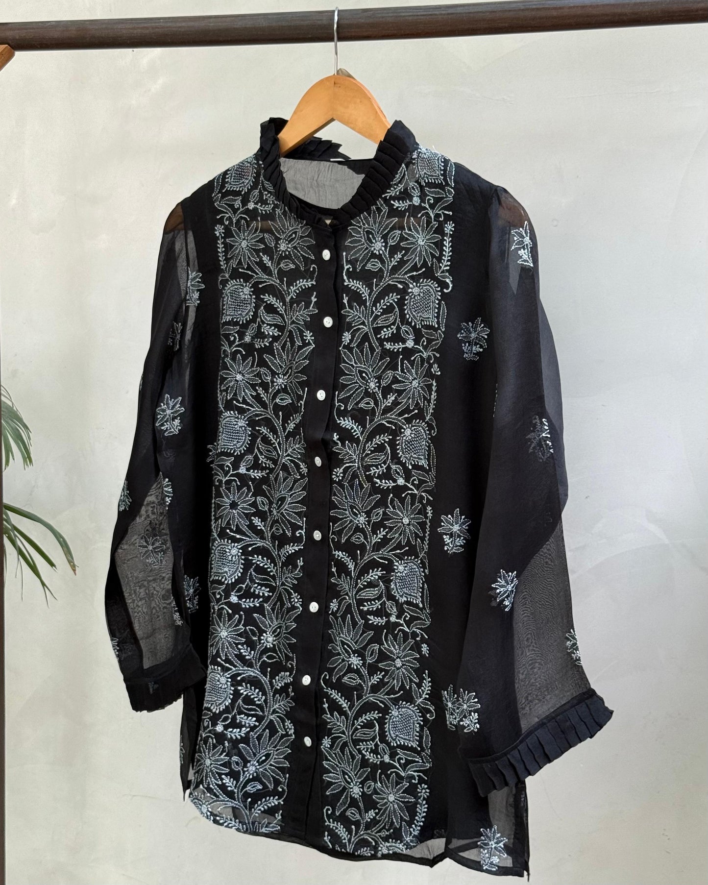 Black Noor Organza Chikankari Frill Collar Ready To Wear Short Top