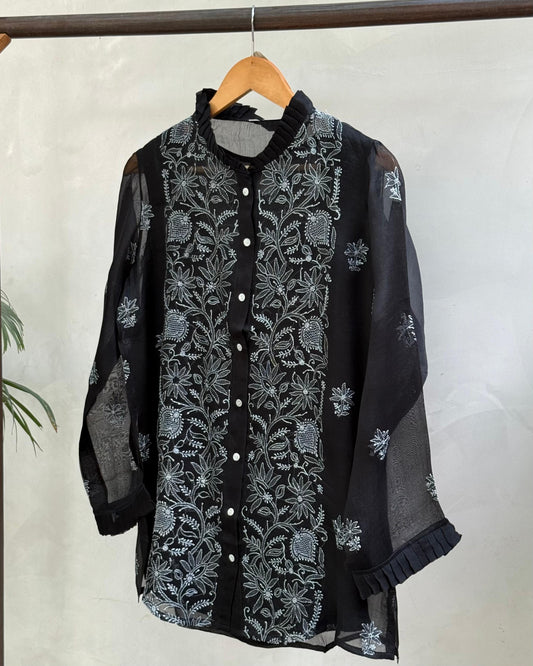 Black Noor Organza Chikankari Frill Collar Ready To Wear Short Top