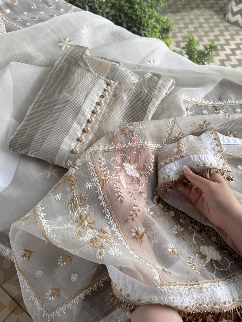 Ivory Kota Pattu Chikankari Suit Set with Organza Dupatta & Pearl Loop Buttons