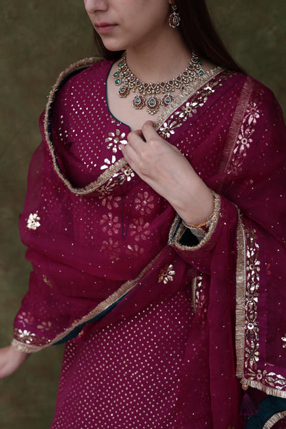 Mukaish Kamdani Plum shade Pure Georgette Kurta Gharara Set with Organza Dupatta