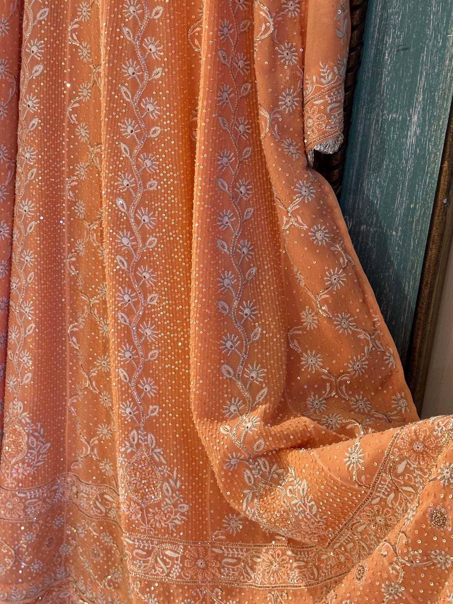 SAFFRON PEACH TUKDI CHIKANKARI ANARKALI