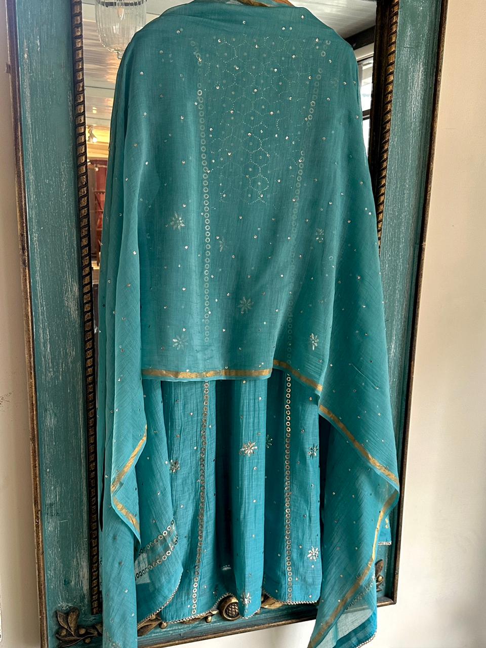 Sea Green Shade Mukaish Mul Chanderi Silk Dress