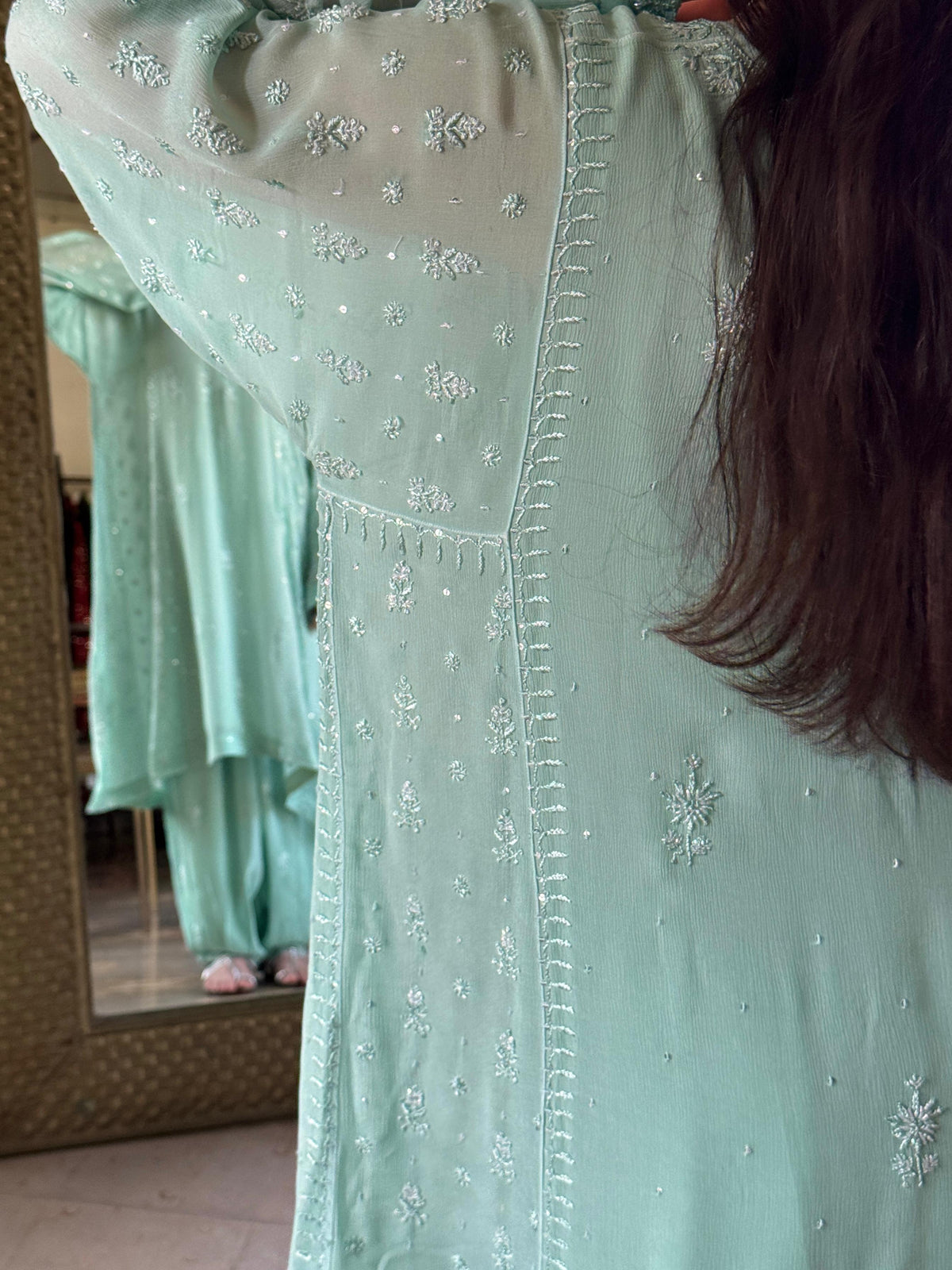 Pastel Sea Green Chiffon Kurta with Afghani Salwar – Fine Chikankari Work