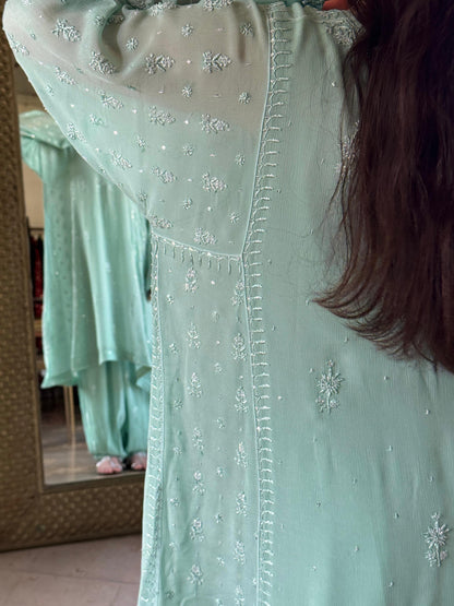 Pastel Sea Green Chiffon Kurta with Afghani Salwar – Fine Chikankari Work