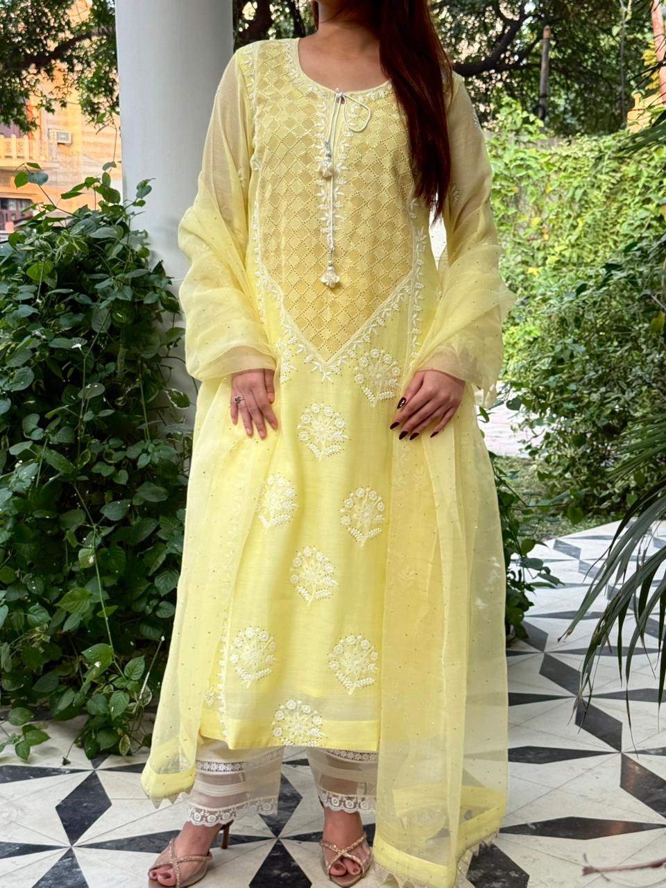 Lemon Custard Daraz Applique Chikankari Mukaish Kurta Dupatta Set