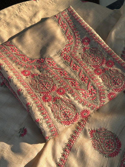 Natural Beige Shade Tussar Silk With Dual Thread Chikankari Fabric