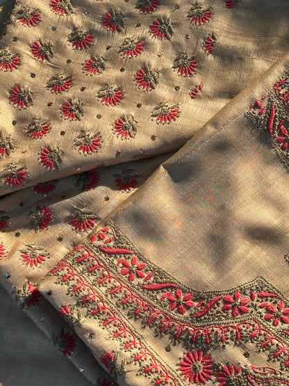 Natural Beige Shade Tussar Silk With Dual Thread Chikankari Fabric