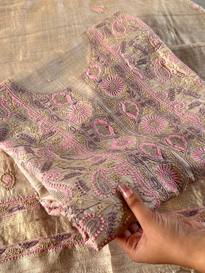Natural Shade Tussar Silk Chikankari Fabric