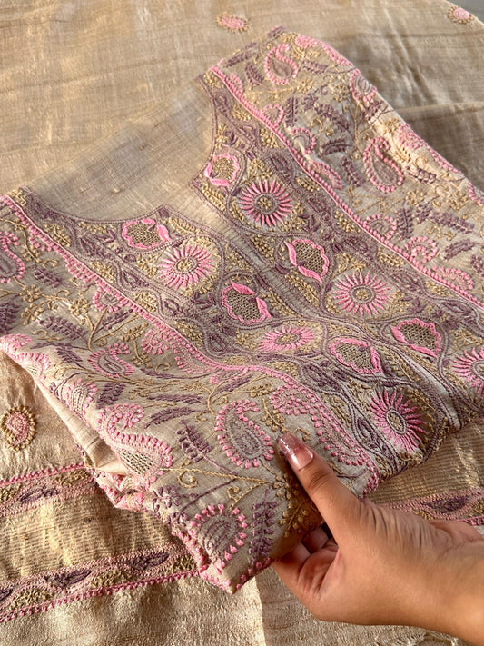 Natural Shade Tussar Silk Chikankari Fabric