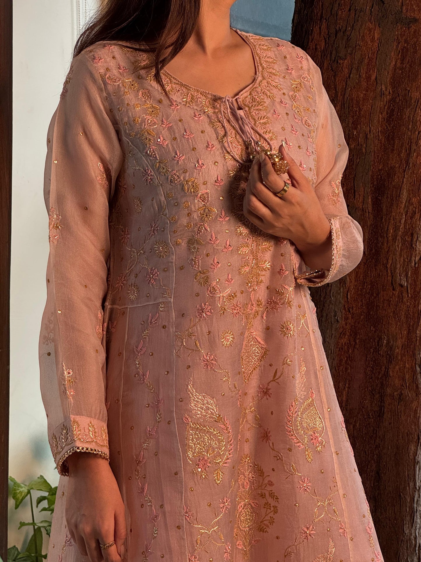 Dusty Peach Shade Noor Organza Chikankari Anarkali