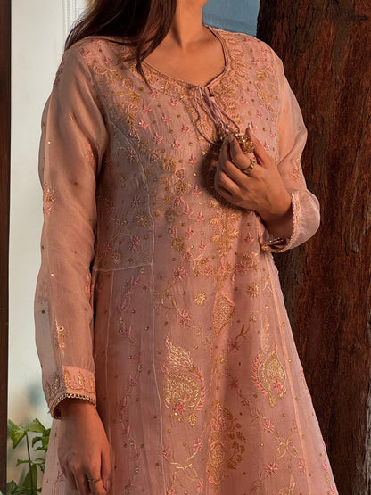 Dusty Peach Shade Noor Organza Chikankari Anarkali