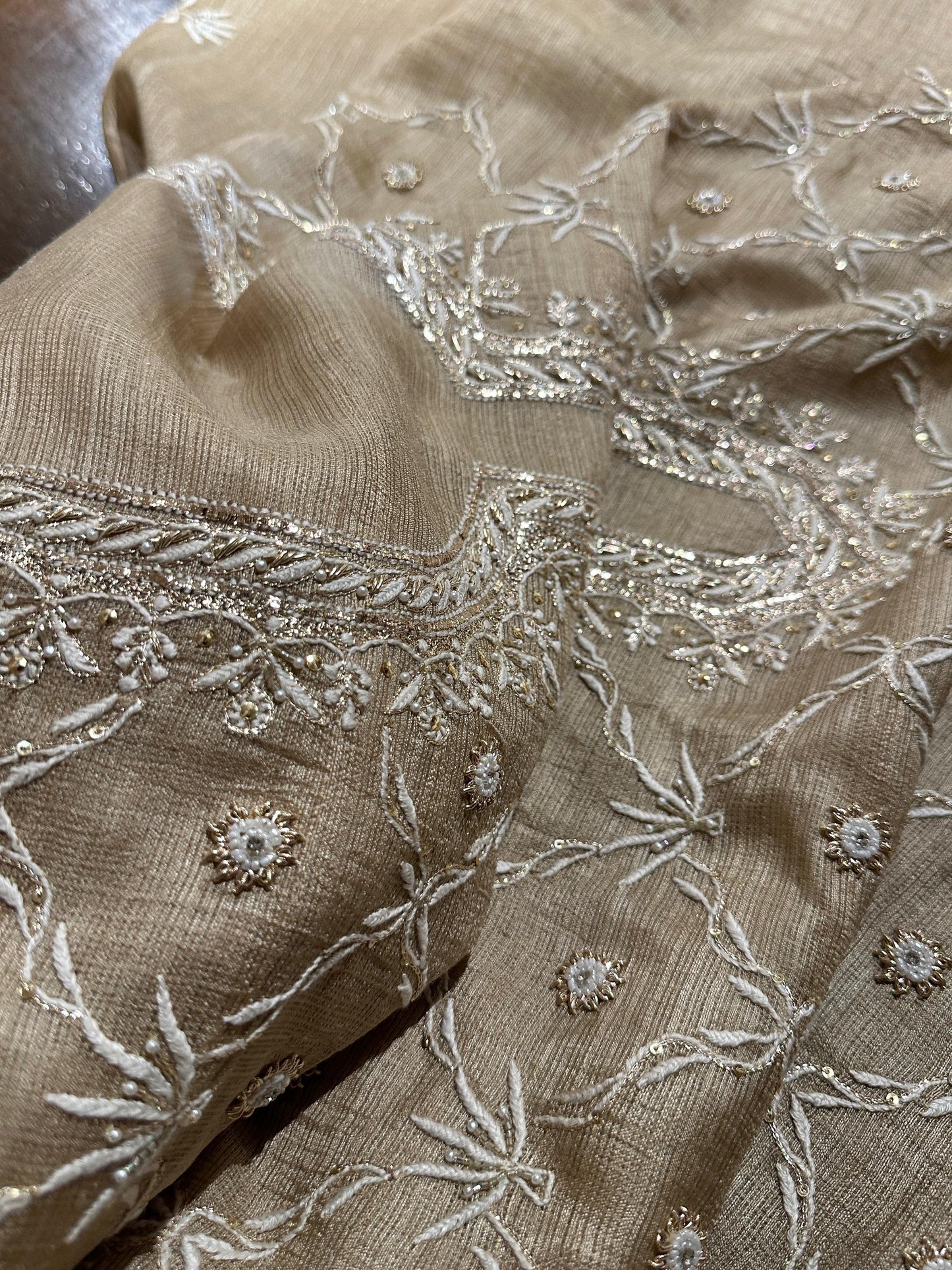 Beige Rasm Tussar Kota Chikankari Unstitched Chikankari Fabrics