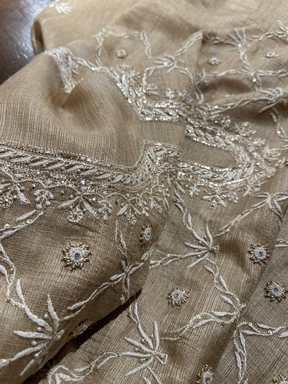Beige Rasm Tussar Kota Chikankari Unstitched Chikankari Fabrics