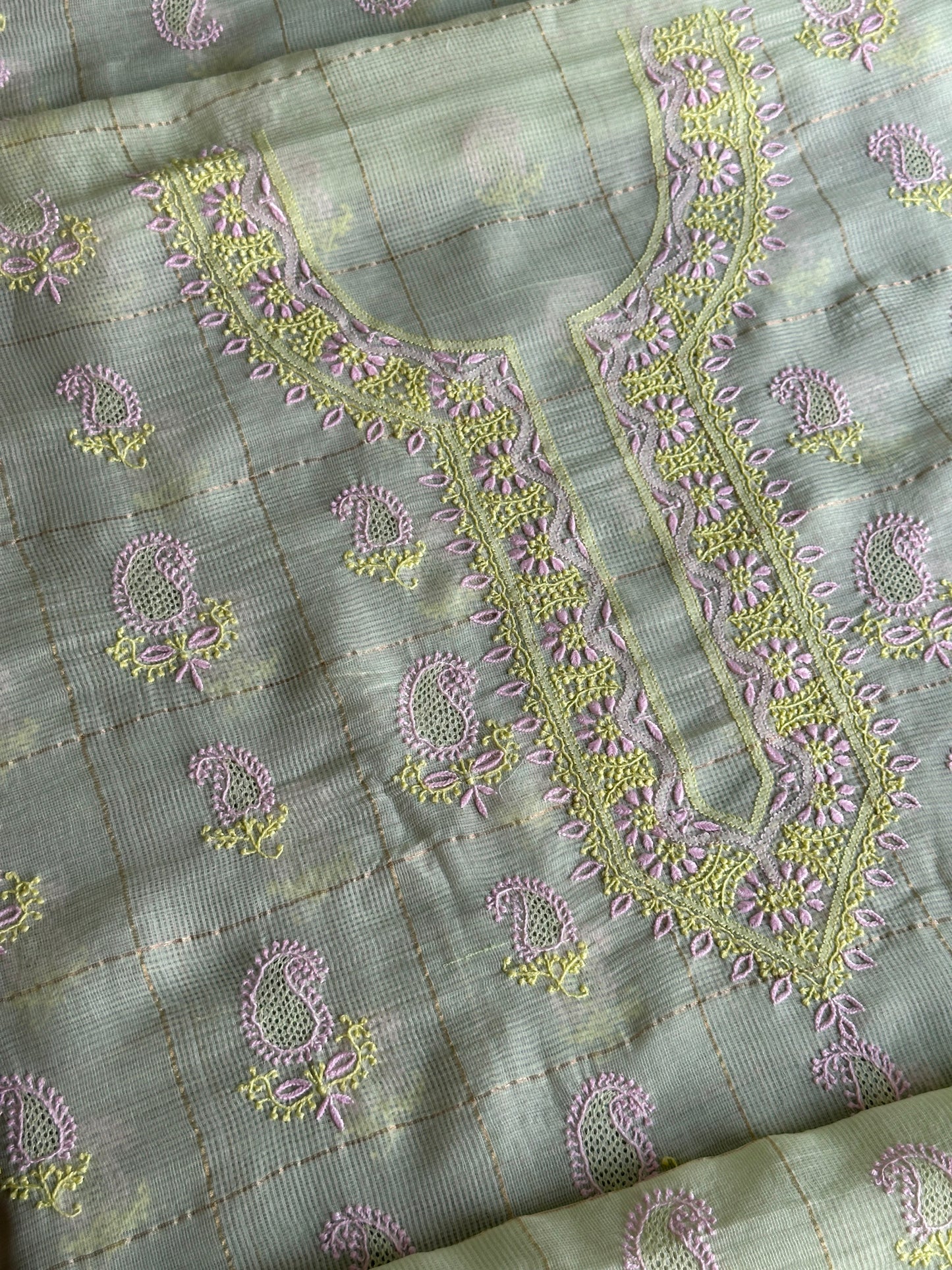 Olive Green Shade Tissue Zari Kota Chikankari Unstitched Fabric