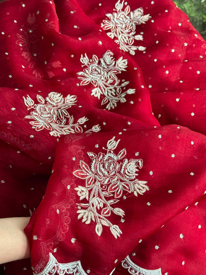 Noor Wine Red Organza Cutwork Chikankari Saree