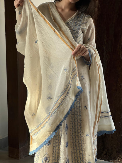 Indigo & Off White Shade Malmal Zari Pearl Work Chikankari Kalidar Kurta Set