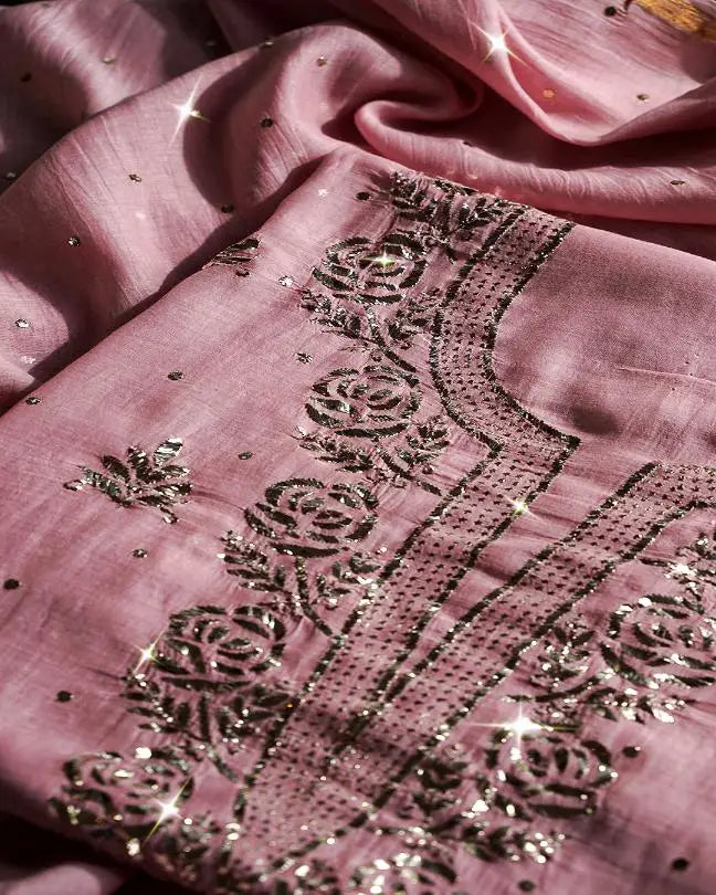 Pink Shade Chanderi Silk Mukaish Badla Unstitched Fabrics