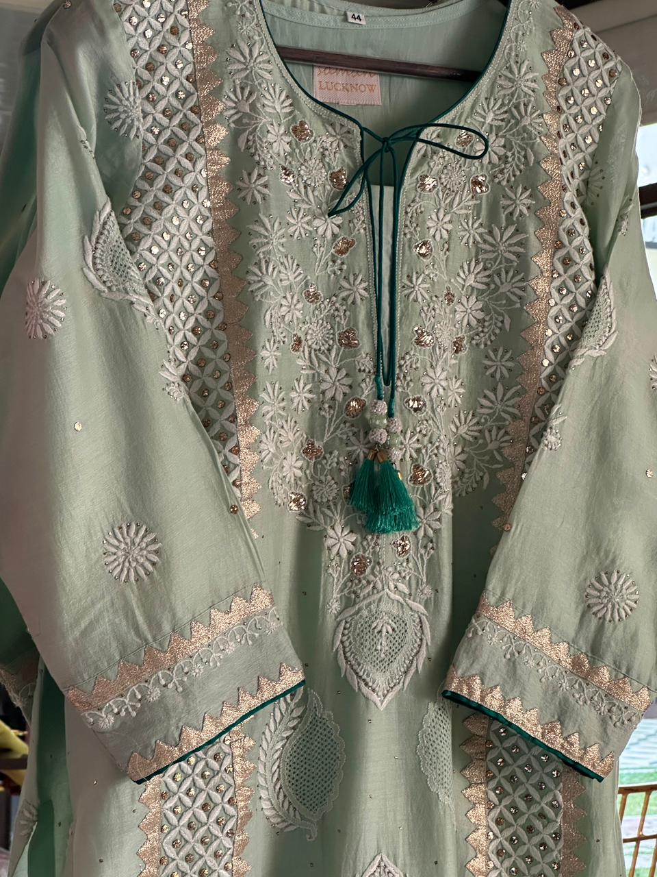 Sea Green & Teal Shade Chanderi Daraz Applique Chikankari Mukaish Kurta Dupatta Set