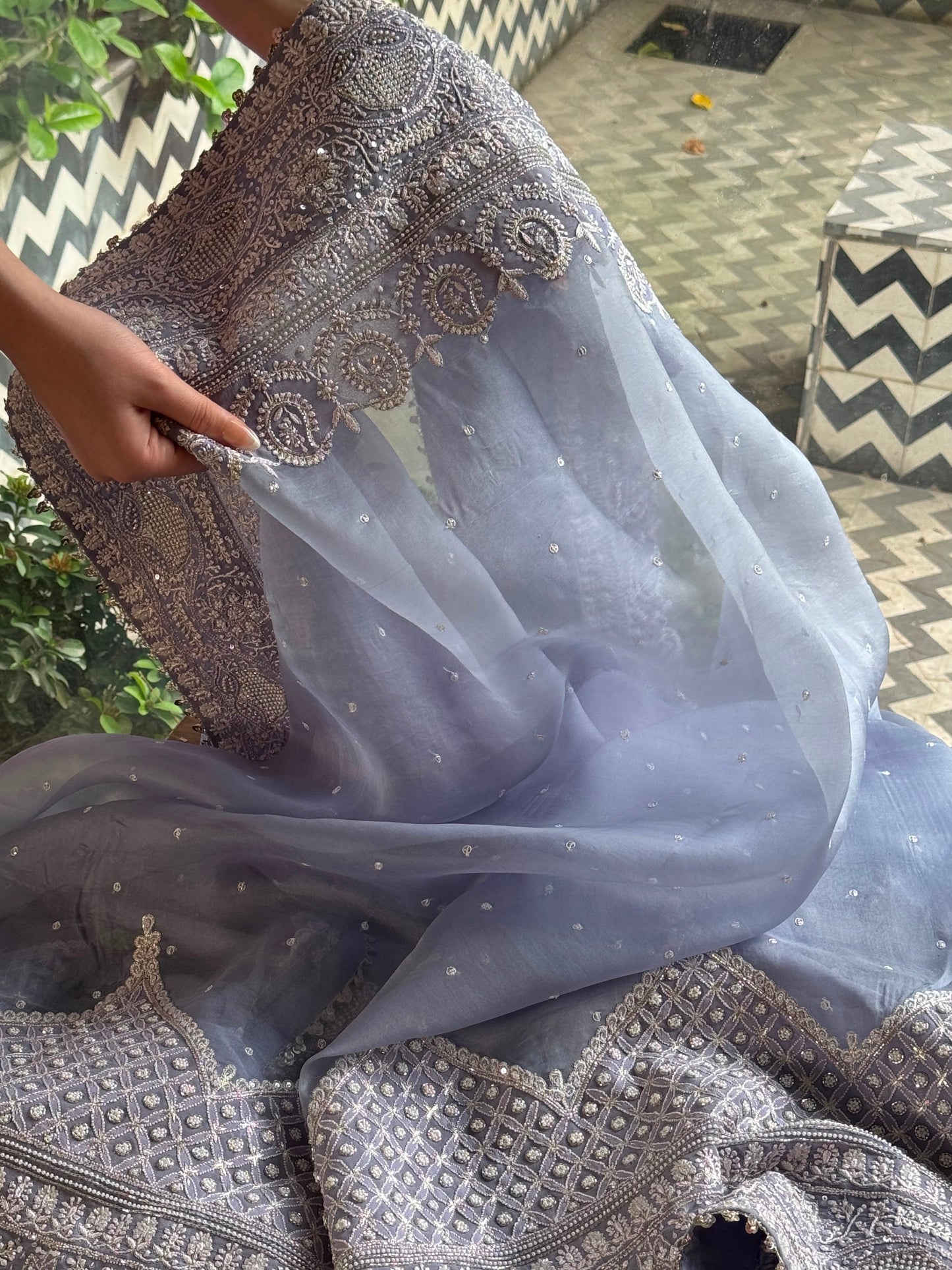Noor Mauve Blue Chikankari Saree With Blouse
