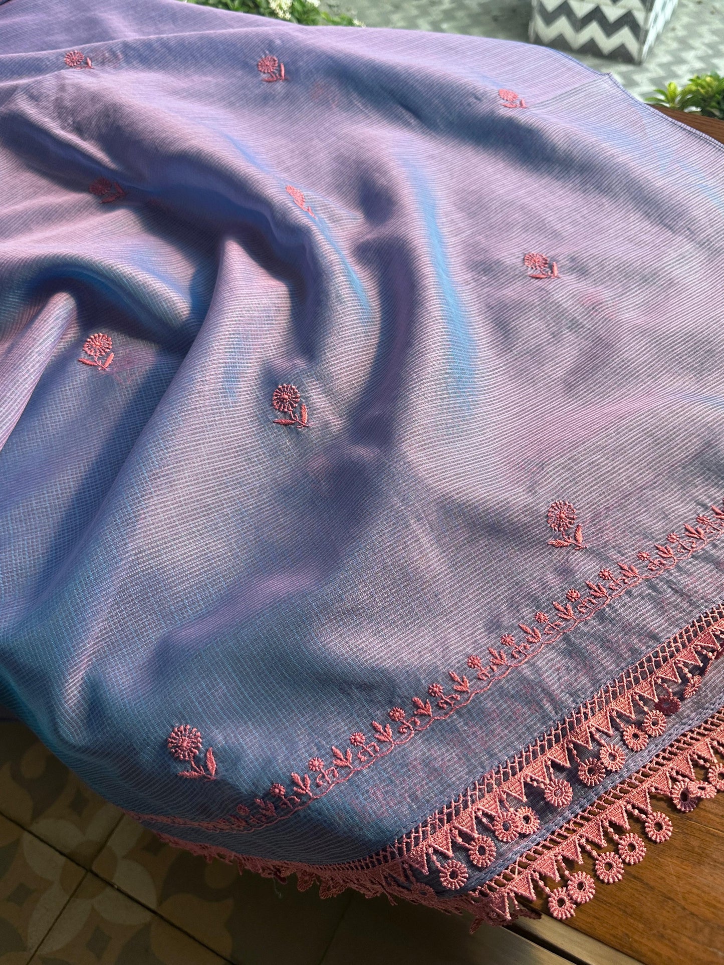 Blue & Pink Kota Chikankari Unstitched Fabric