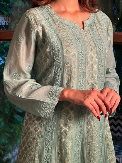 Sea Green Zari Chanderi Chikankari A Line Kurta with Slip