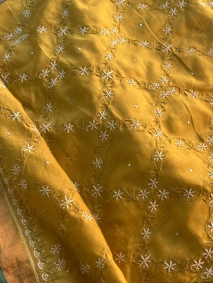 Mustard Yellow Shade Chanderi Chikankari Saree