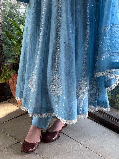 Powder Blue Shade Malmal Pearl Work Chikankari Anarkali