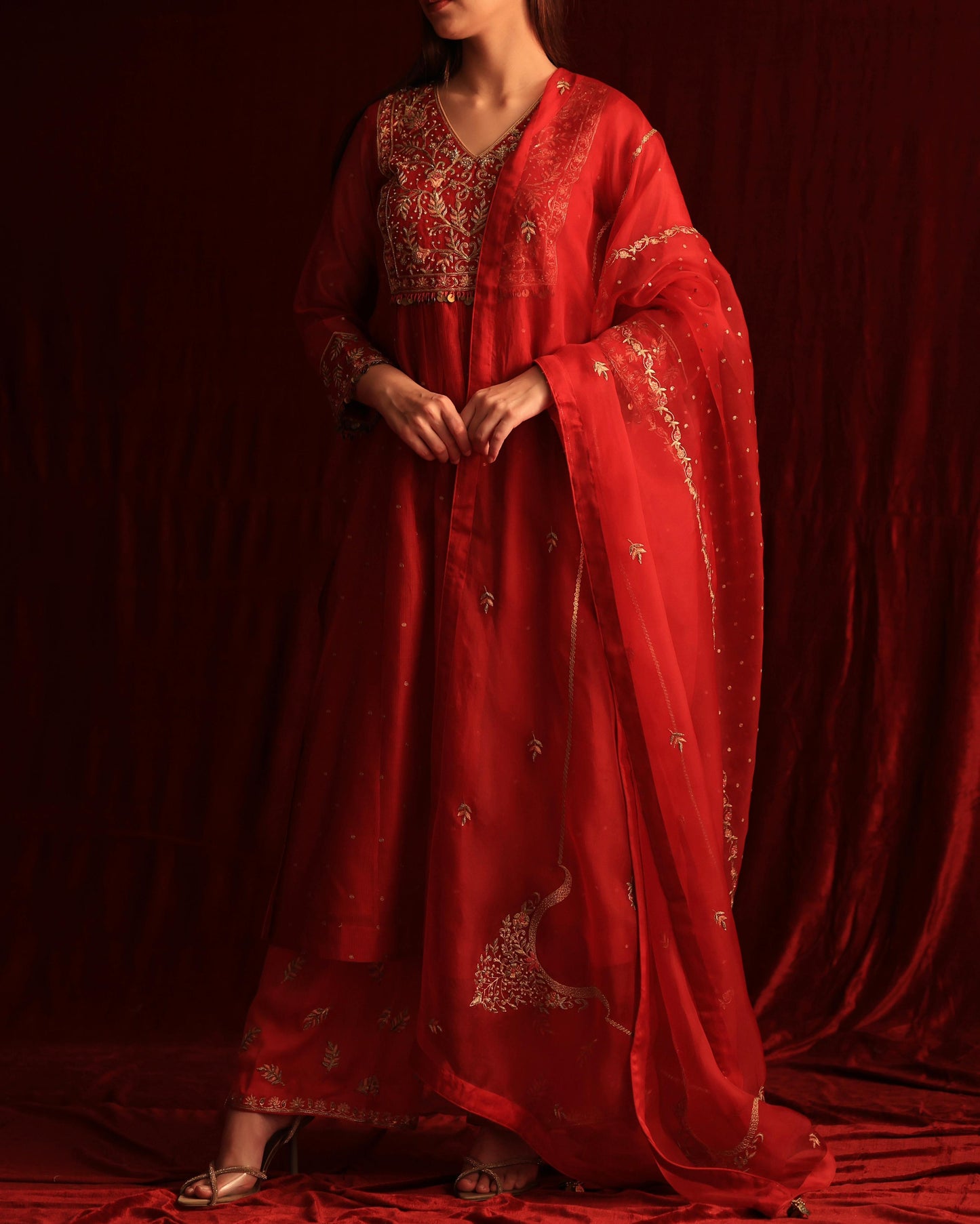 Red Maheshwari Silk Awadhi Zardosi Kurta Set