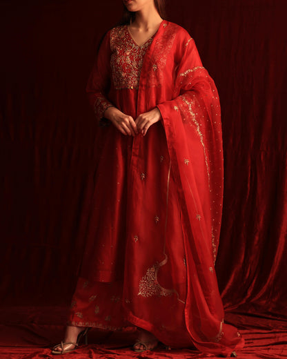 Red Maheshwari Silk Awadhi Zardosi Kurta Set