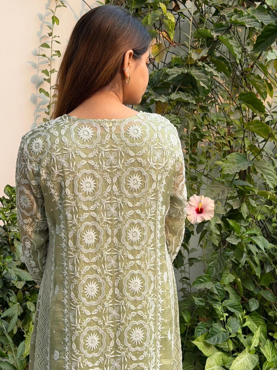 Green Noor Organza Chikankari Anarkali Kurta With Dupatta
