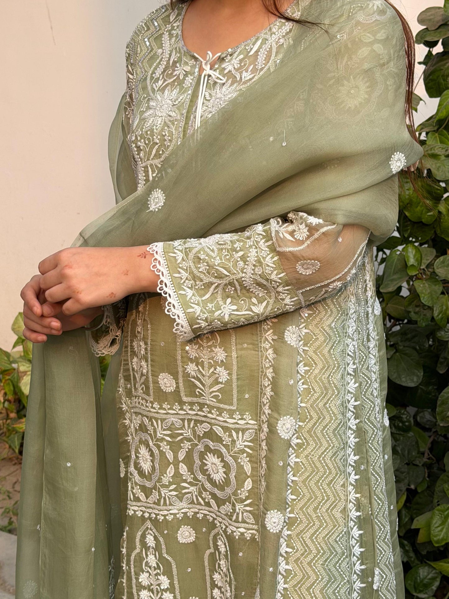 Green Noor Organza Chikankari Anarkali Kurta With Dupatta