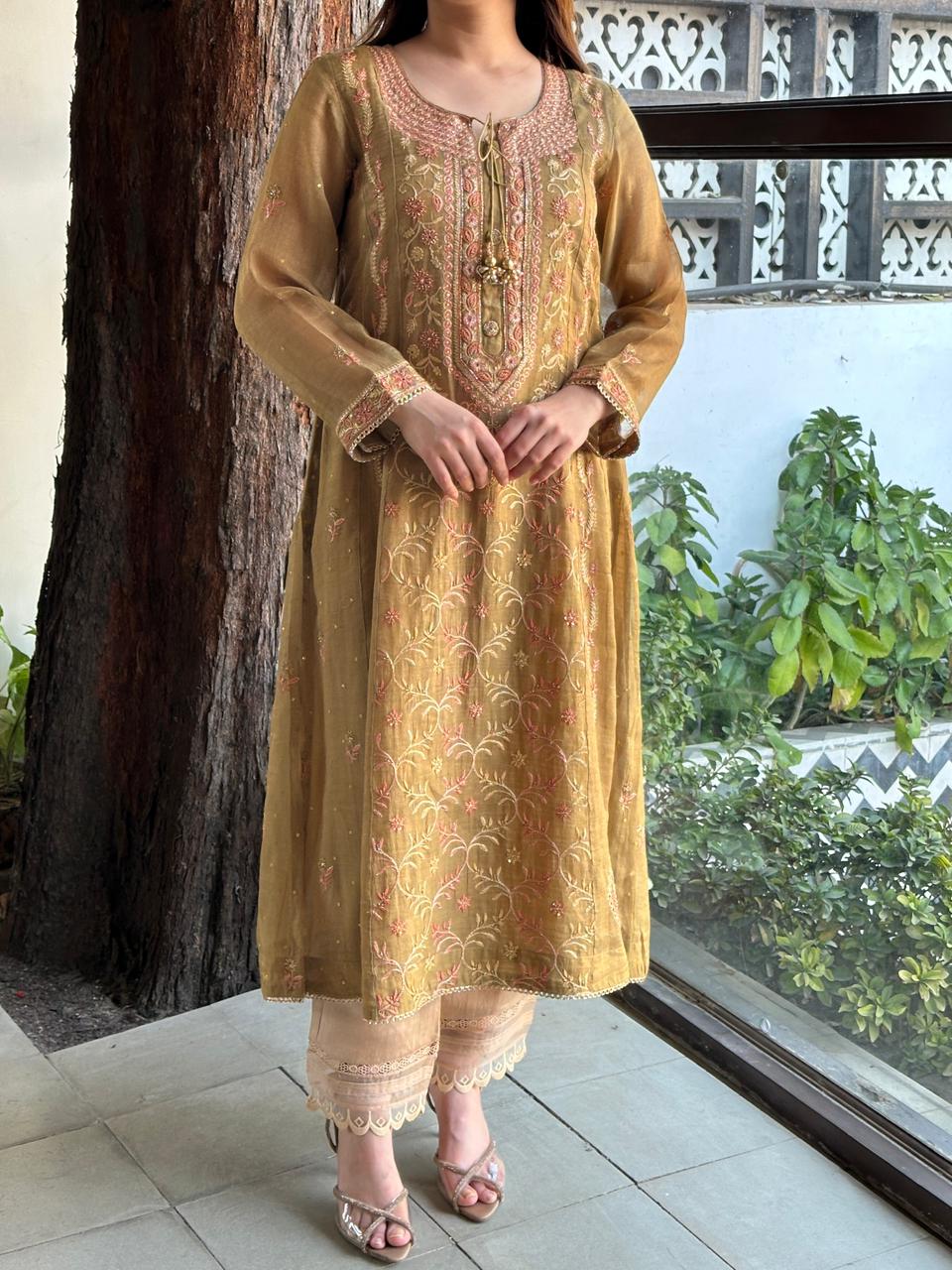 Mustard Shade Tissue Silk Chikankari Anarkali With Ari Work