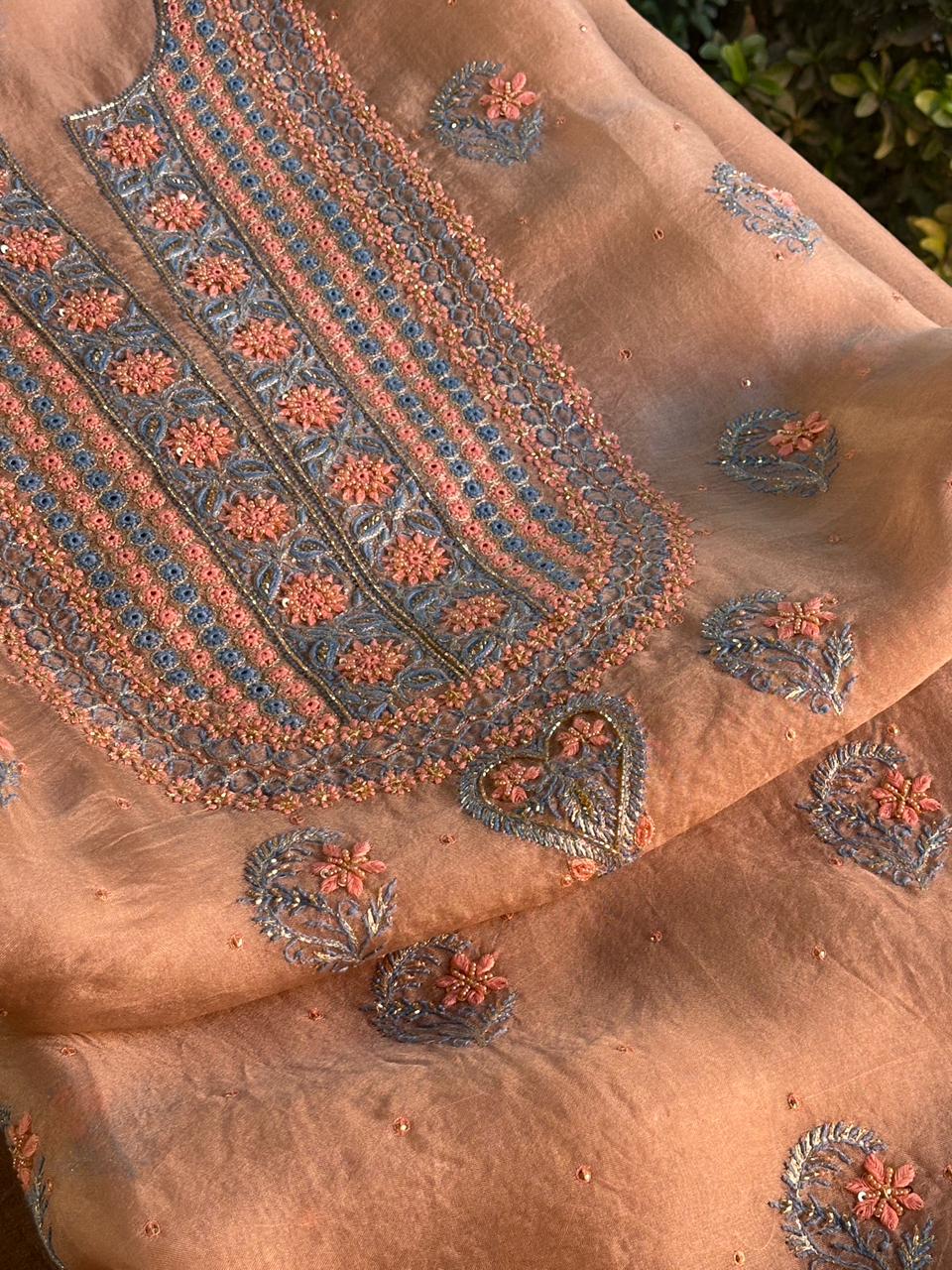 Peach Shade Noor Organza Silk Chikankari Unstitched Kurta Dupatta Set