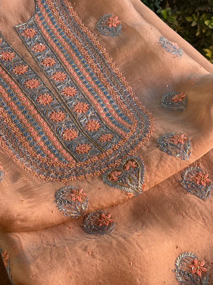 Peach Shade Noor Organza Silk Chikankari Unstitched Kurta Dupatta Set