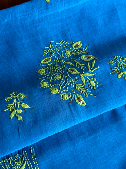 Blue & Green Shade Mal Cotton Chikankari Unstitched Kurta Dupatta Fabric With Mukaish Badla