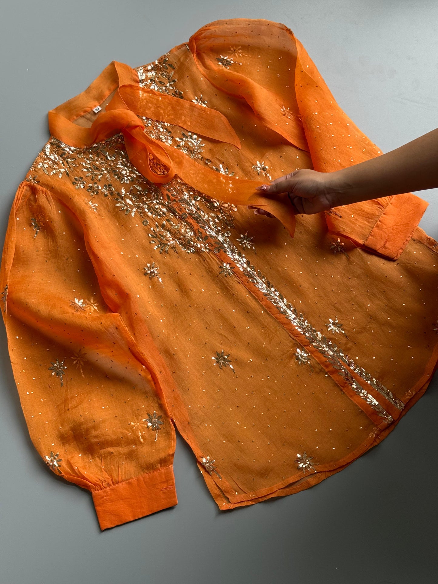 Orange Noor Organza Mukaish Badla Short Top With Bow Tie