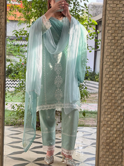 Sea green Jacquard Loose Cut Chikankari Co-Ord Set