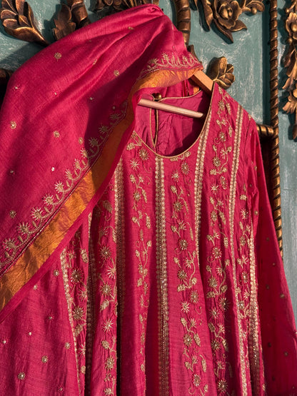 Roheen Pink Moonga Silk Chikankari Anarkali With Dupatta