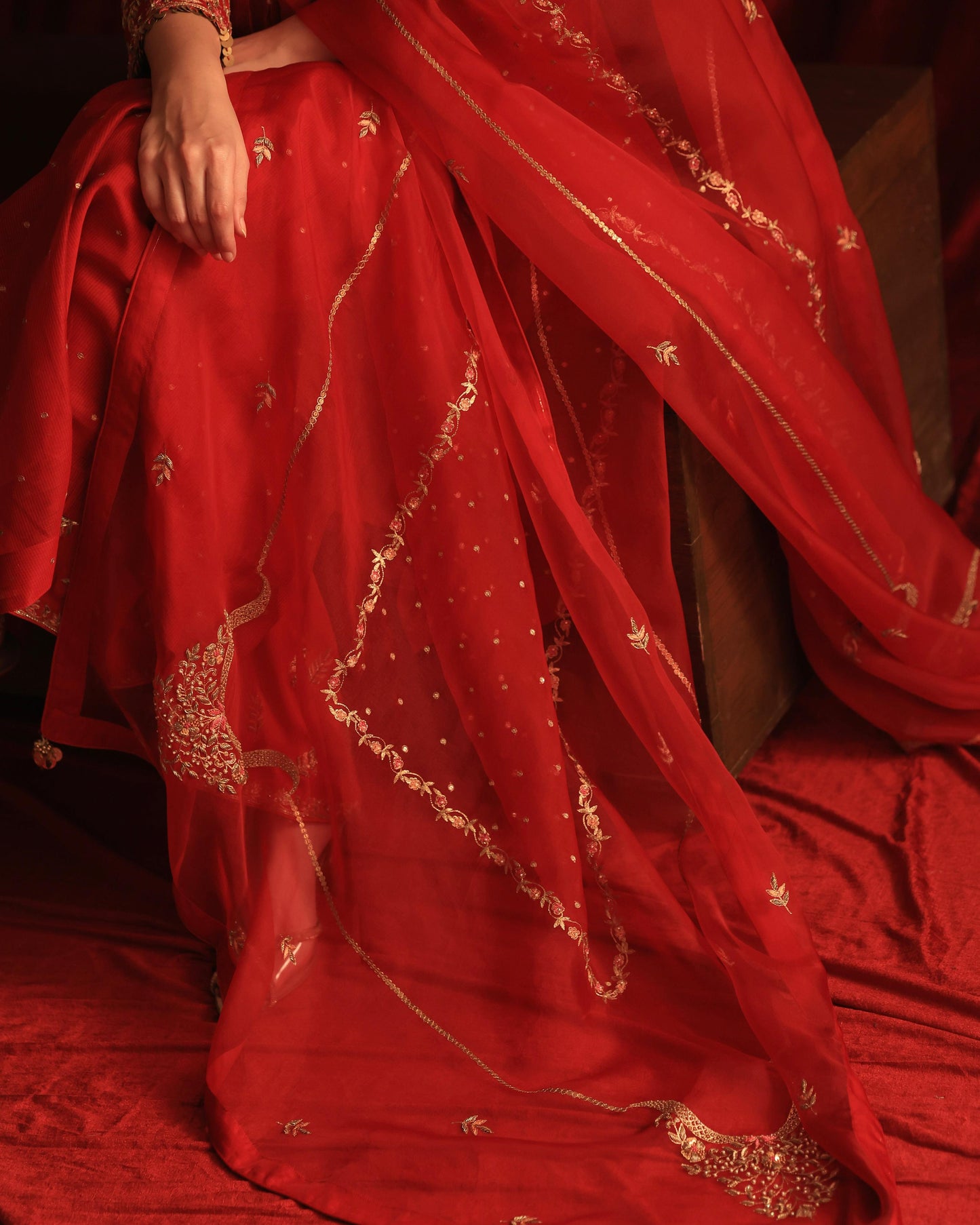 Red Maheshwari Silk Awadhi Zardosi Kurta Set