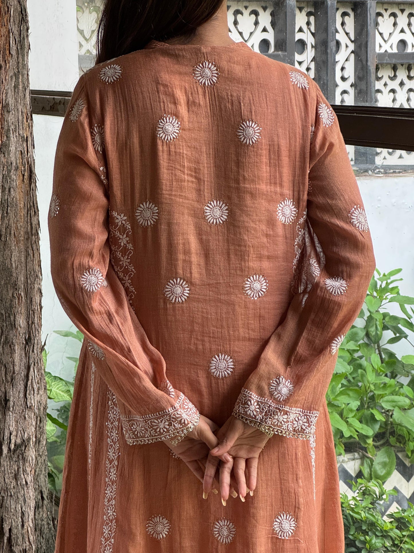 Coral Peach Shade Tissue Silk Chikankari Work Kalidar Kurta Dupatta Set