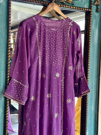 Deep Purple Shade Mukaish Mul Chanderi Silk Dress