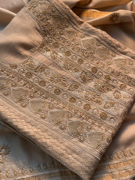 Natural Moonga Silk Chikankari Unstitched Fabric
