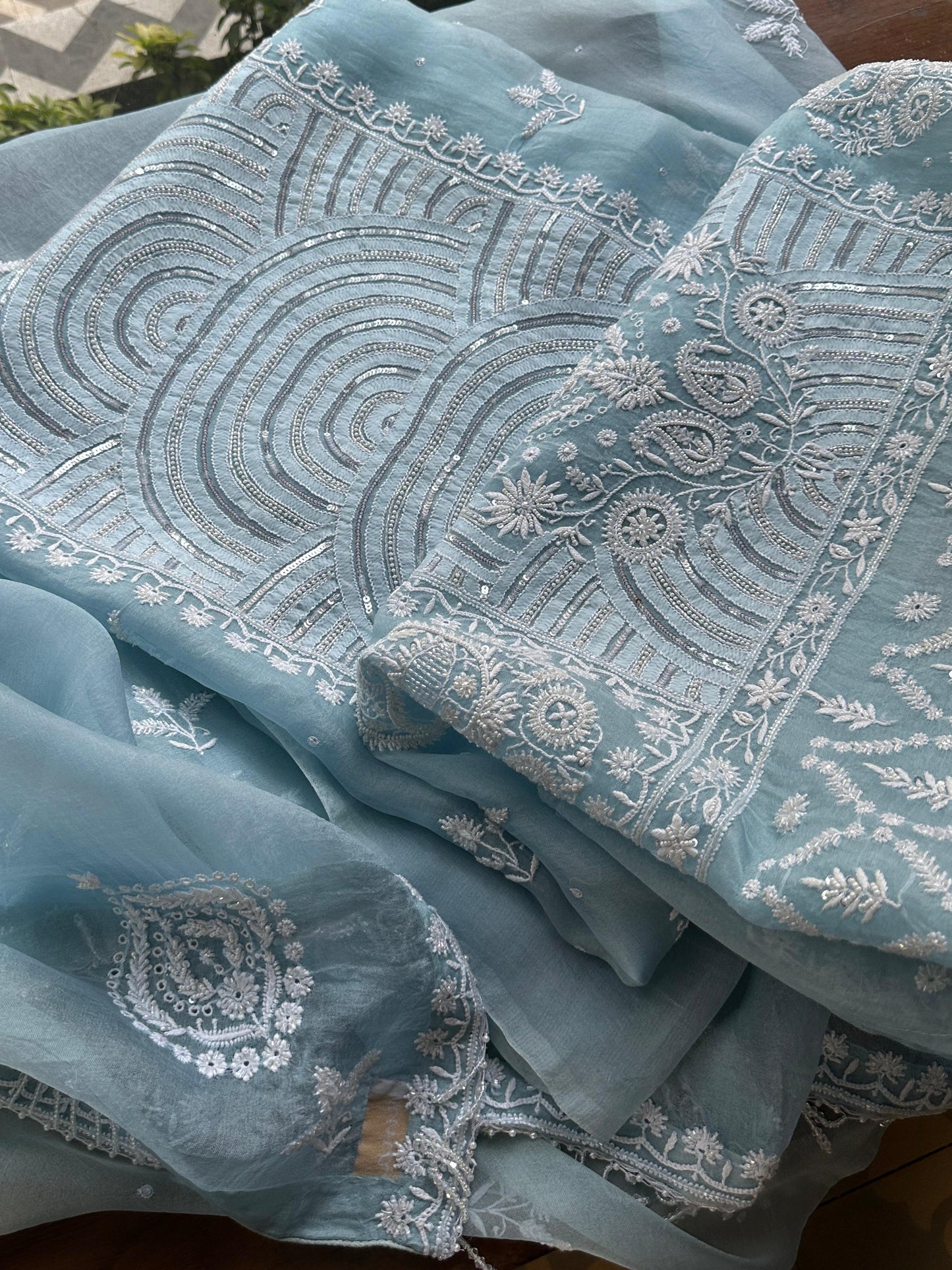 Powder Blue Noor Organza Banarasi Silk Chikankari Unstitched Kurta Dupatta Set