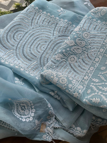 Powder Blue Noor Organza Banarasi Silk Chikankari Unstitched Kurta Dupatta Set